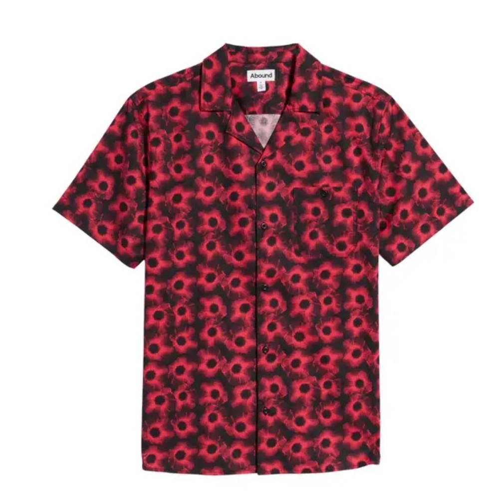 Abound NWT Sz L  Black/Pink Digital Poppy Graphic Short Sleeve Poplin Shirt - Picture 4 of 6